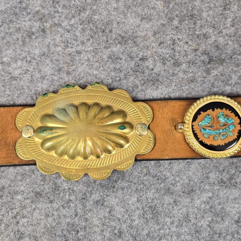 Western Concho Belt 48" Brown Leather Brass Tone Turquoise Inlay Studded Conchos - Picture 10 of 16